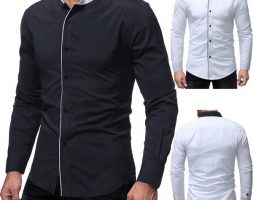 men’s shirt long sleeve stand collar contrast cardigan shirt casual patchwork youth fashion slim type