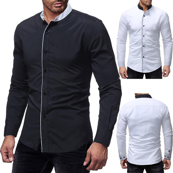 men's shirt long sleeve stand collar contrast cardigan shirt casual patchwork youth fashion slim type