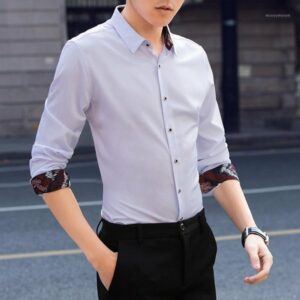 men's shirt men's fashion solid color slim shirt business dress lapel single breasted1