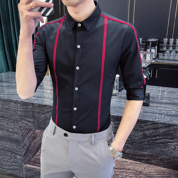 men's shirt short-sleeved male korean trend summer striped five-point sleeve shirt fashion sleeve