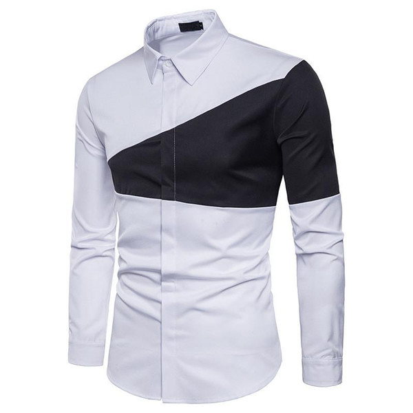 men's shirt spring new men's lapel long-sleeved shirt two-color triangle stitching fashion daily casual