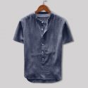 men’s shirt summer button casual linen and cotton short sleeve pure color shirts men male clothing camisas masculina