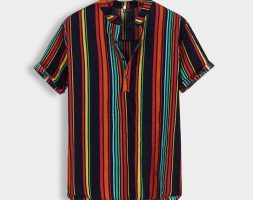 men’s shirt summer fashion stand collar strip print short sleeve shirt blouse casual new style cotton men