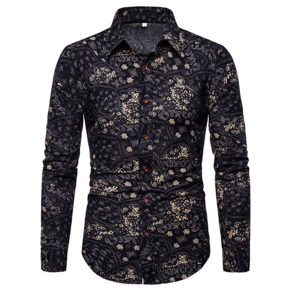 men's shirts 2020 summer fashion business leisure printing long-sleeved shirt casual turn-down collar slim men's blouse jn12