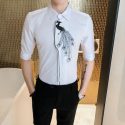 men’s shirts asymmetrical design peacock pattern embroidery lapel middle sleeve personality casual slim blouse new