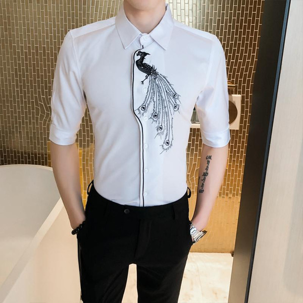 men's shirts asymmetrical design peacock pattern embroidery lapel middle sleeve personality casual slim blouse new