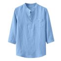 men’s shirts baggy three quarter sleeve pocket stand collar cotton linen breathable solid casual male shirts f3#1