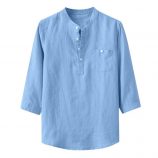 men’s shirts baggy three quarter sleeve pocket stand collar cotton linen breathable solid casual male shirts f3#1