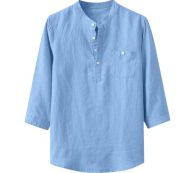 men’s shirts baggy three quarter sleeve pocket stand collar cotton linen breathable solid casual male shirts f3#1