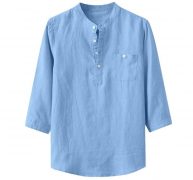 men’s shirts baggy three quarter sleeve pocket stand collar cotton linen breathable solid casual male shirts f3#1