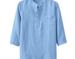 men’s shirts baggy three quarter sleeve pocket stand collar cotton linen breathable solid casual male shirts f3#1