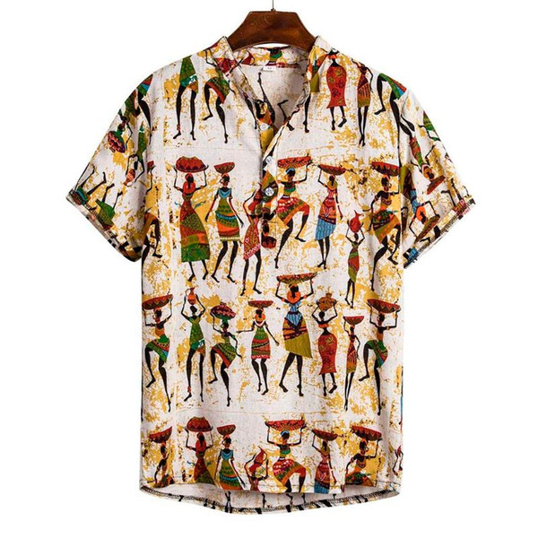 men's shirts ethnic short sleeve cotton linen printing hawaiian blouse hawaiian beach shirt mens holiday vacation clothing f3#1