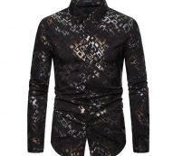 men’s shirts fashion bronzing printing long sleeve casual shirt male outdoor social slim fit blouse new arrival black