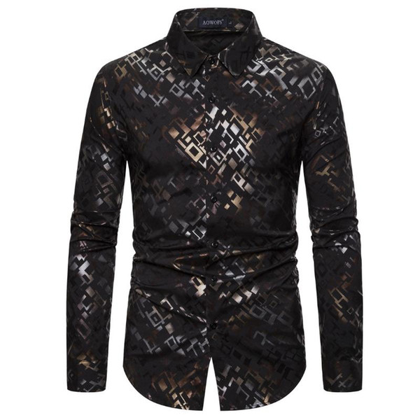 men's shirts fashion bronzing printing long sleeve casual shirt male outdoor social slim fit blouse new arrival black