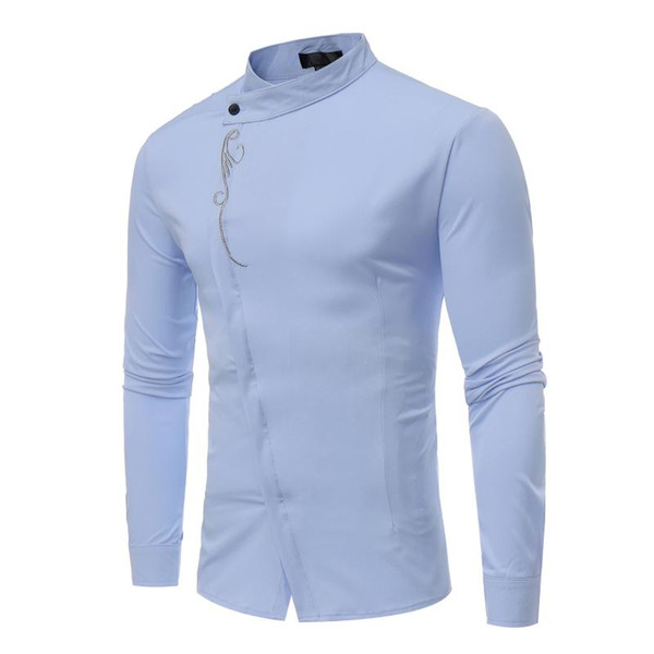 men's shirts, long-sleeved shirts, embroidered diagonal irregular men's wear in spring