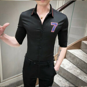 men's shirts number embroidery design middle sleeve male simple solid color lapel blouse summer new arrival