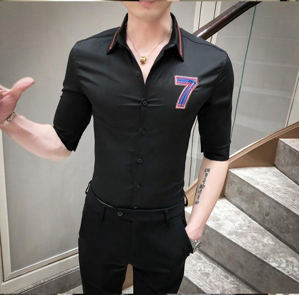 men's shirts number embroidery design middle sleeve male simple solid color lapel blouse summer new arrival