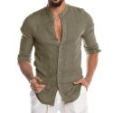 men’s shirts o-neck button beach long sleeve blouse cotton linen comfortable breathable solid casual male shirt f3#1