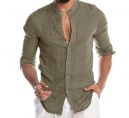 men’s shirts o-neck button beach long sleeve blouse cotton linen comfortable breathable solid casual male shirt f3#1