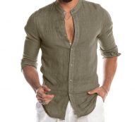 men’s shirts o-neck button beach long sleeve blouse cotton linen comfortable breathable solid casual male shirt f3#1