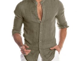 men’s shirts o-neck button beach long sleeve blouse cotton linen comfortable breathable solid casual male shirt f3#1