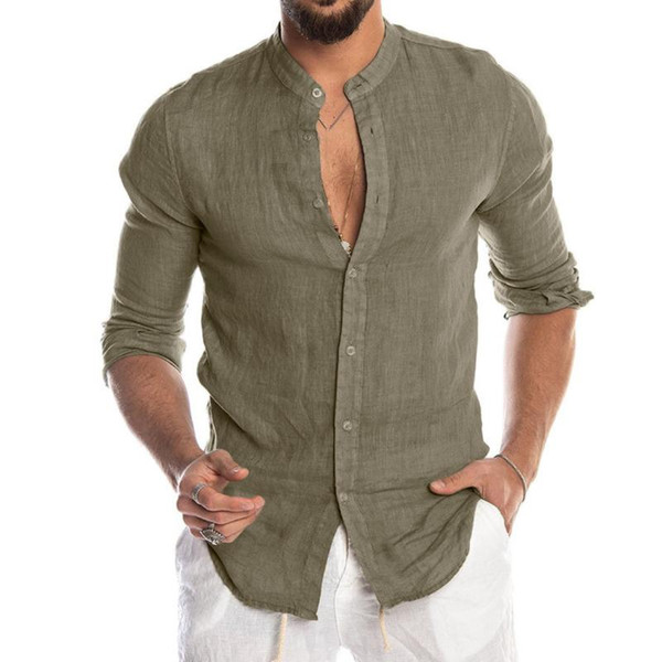 men's shirts o-neck button beach long sleeve blouse cotton linen comfortable breathable solid casual male shirt f3#1