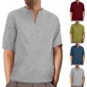 men’s shirts ropa camiseta summer casual baggy retro cotton linen solid short sleeve v neck shirts blouses harajuku