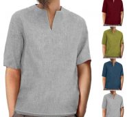 men’s shirts ropa camiseta summer casual baggy retro cotton linen solid short sleeve v neck shirts blouses harajuku