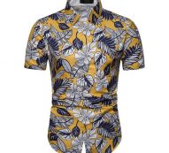 men’s shirts short sleeve hawaiian blouse men’s clothing slim fit shirt for man white yellow new camisa masculina homme