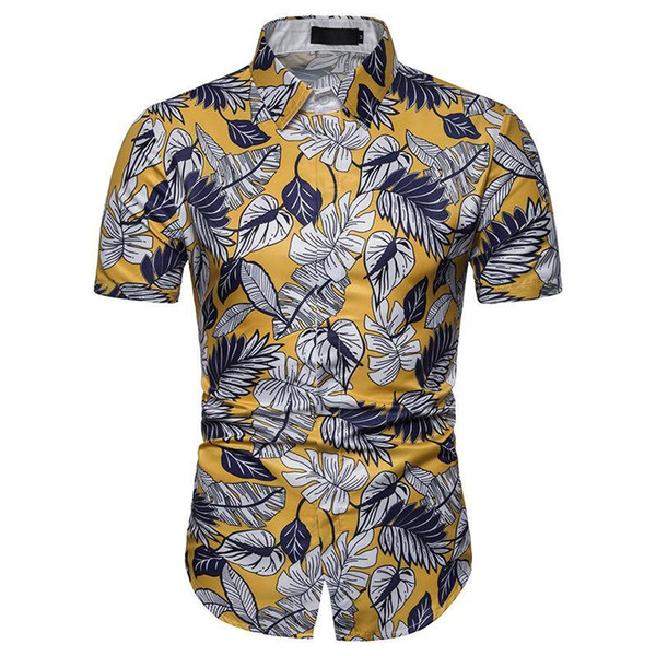 men's shirts short sleeve hawaiian blouse men's clothing slim fit shirt for man white yellow new camisa masculina homme