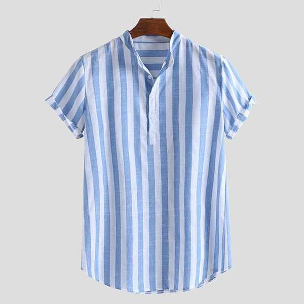 mens striped shirt cotton linen henry colla fresh color hawaiian shiets loose short sleeve casual buttons shirt plus size blouse