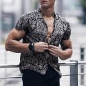 mens summer shirt multi color lump chest pocket button short sleeve round hem loose casual beach print fashion shirts blouse #45