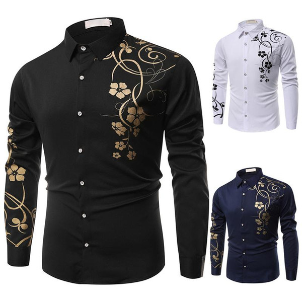 new 2020 spring men casual shirts fashion long sleeve brand printed button-up formal business polka dot floral men dress shirt