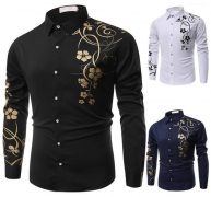 new 2020 spring men casual shirts fashion long sleeve brand printed button-up formal business polka dot floral men dress shirt1