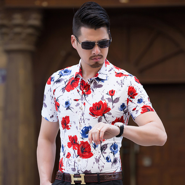 new arrival mens summer shirt male casual camisa masculina printed red blue color beach shirts short sleeve brand clothing