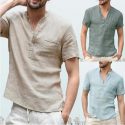 new cotton linen short sleeve men’s shirt for summer 2020 standing collar and button-down half opening mens dress shirts