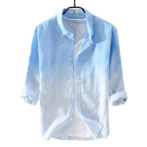 new design 100% linen brand shirt men summer blue gradient three-quarter sleeve shirts men breathable shirt male camisa