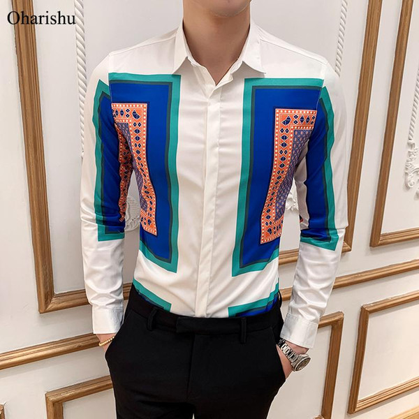 new fashion geometric print men's shirt new design color block long sleeve shirts men casual party night club streetwears homme