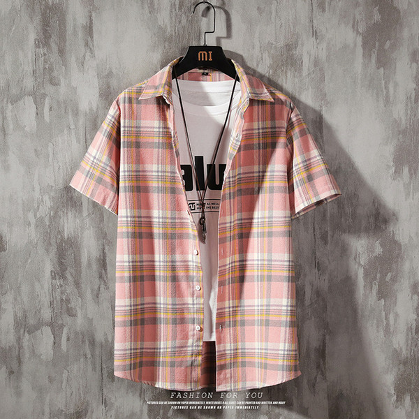 new fashion mens plaid shirts short sleeve casul summer harajuku streetwear cotton shirts turn_down collar tee shirt