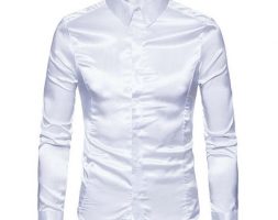 new fashion mens slim shirts satin shiny silk feel smart casual dress wedding casual business shirt black white khaki