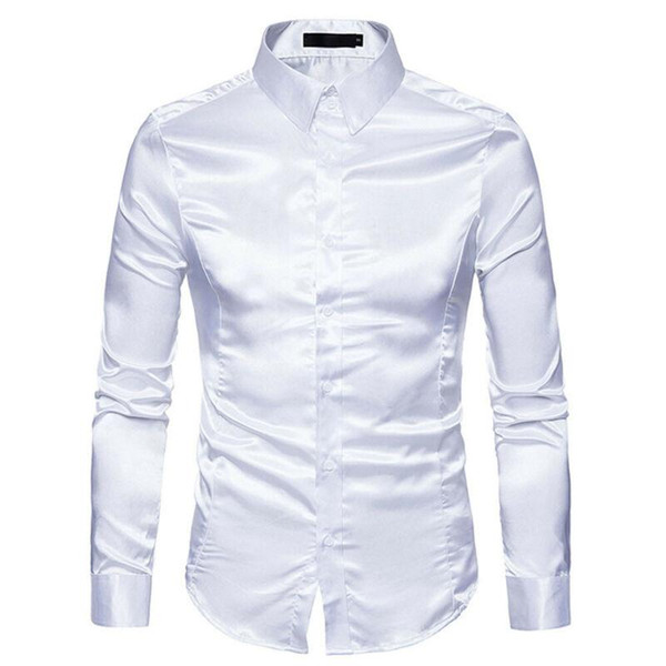 new fashion mens slim shirts satin shiny silk feel smart casual dress wedding casual business shirt black white khaki