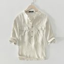 new pure linen men’s shirt half-sleeve casual shirt breathable linen big pocket pullover thin