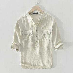 new pure linen men's shirt half-sleeve casual shirt breathable linen big pocket pullover thin