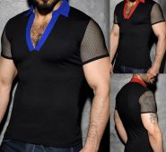 new style men t-shirts personality slim fit short sleeve casual patchwork summer v neck see through fashion 2019