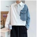 new style men’s shirts fashion spliced jeans cotton white blue oversized shacket hip hop streetwear loose overshirt big size top