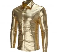 night club wear mens dress shirts slim fit shiny gold coated metallic shirt men long sleeve button down shirt for disco party