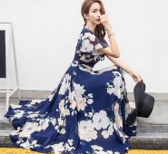 party dresses vintage summer woman fashion design short sleeve slim a line temperament lady chiffon floral print dress long msz3