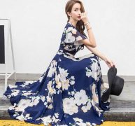 party dresses vintage summer woman fashion design short sleeve slim a line temperament lady chiffon floral print dress long msz3