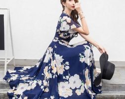 party dresses vintage summer woman fashion design short sleeve slim a line temperament lady chiffon floral print dress long msz3