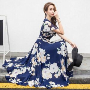 party dresses vintage summer woman fashion design short sleeve slim a line temperament lady chiffon floral print dress long msz3